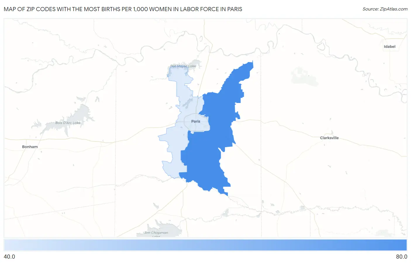 Zip Codes with the Most Births per 1,000 Women in Labor Force in Paris Map