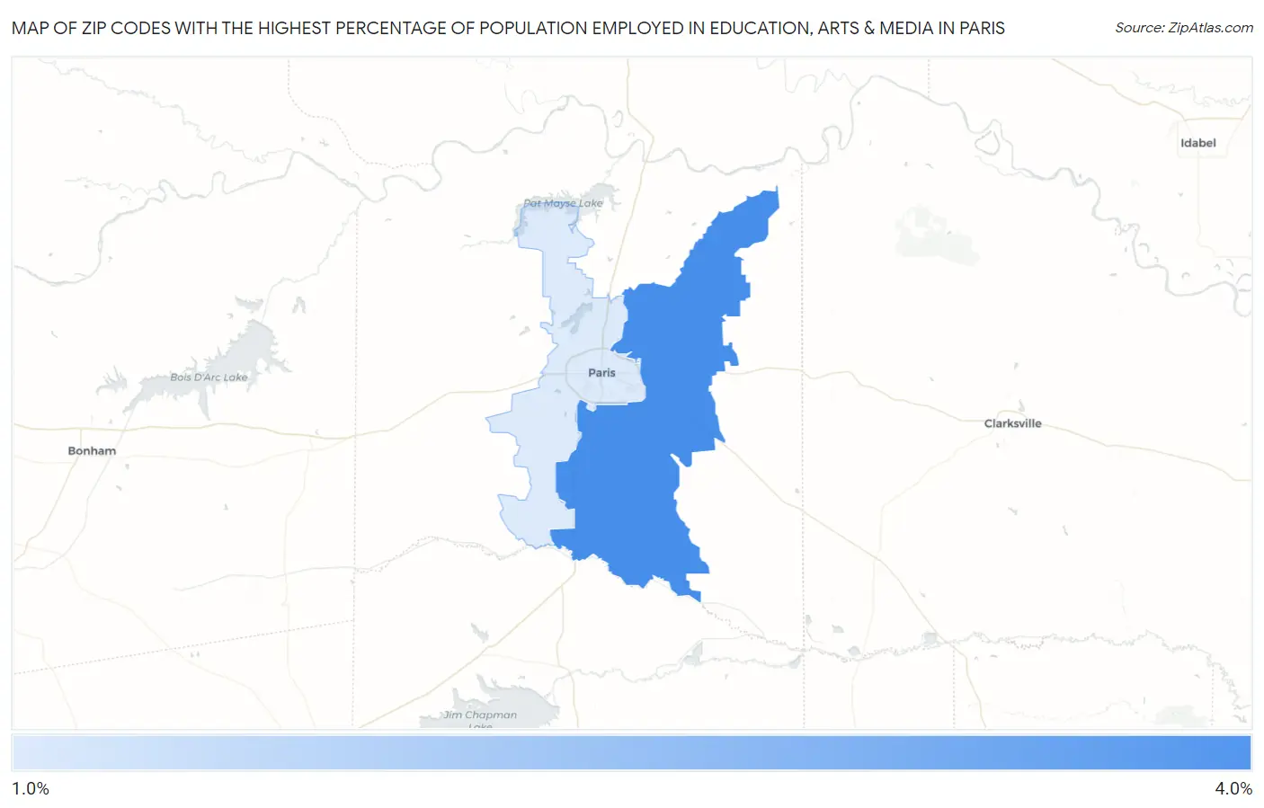 Zip Codes with the Highest Percentage of Population Employed in Education, Arts & Media in Paris Map