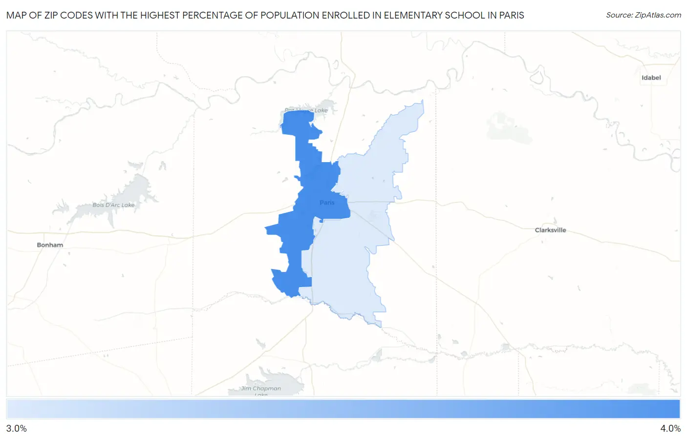 Zip Codes with the Highest Percentage of Population Enrolled in Elementary School in Paris Map
