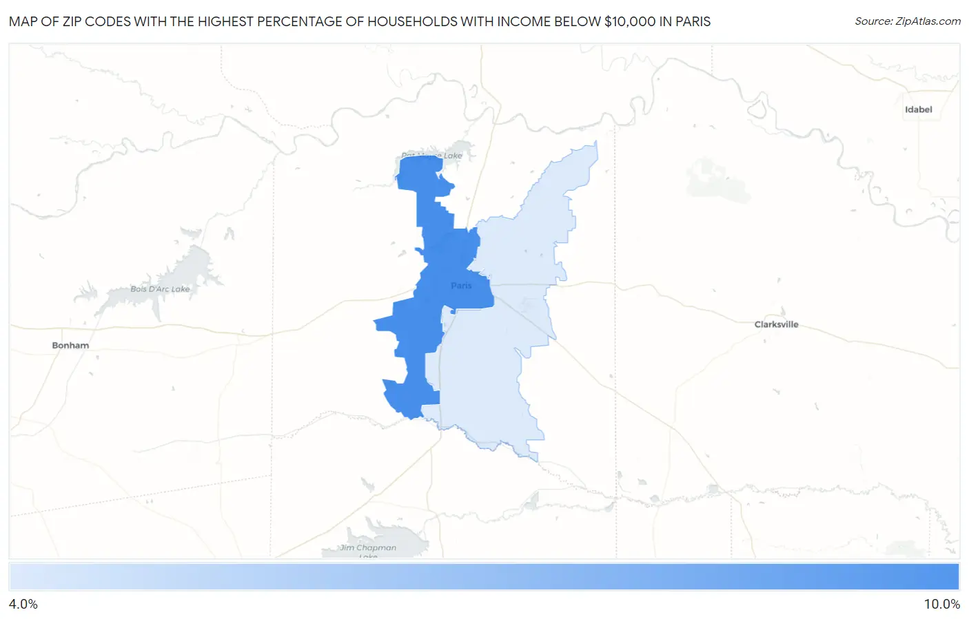 Zip Codes with the Highest Percentage of Households with Income Below $10,000 in Paris Map