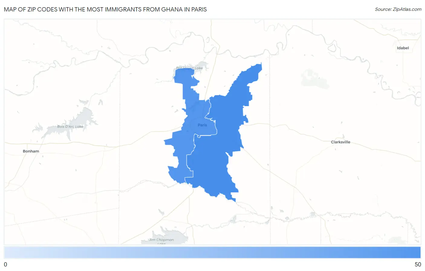 Zip Codes with the Most Immigrants from Ghana in Paris Map