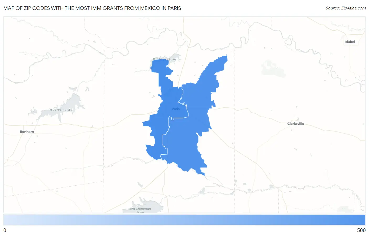 Zip Codes with the Most Immigrants from Mexico in Paris Map