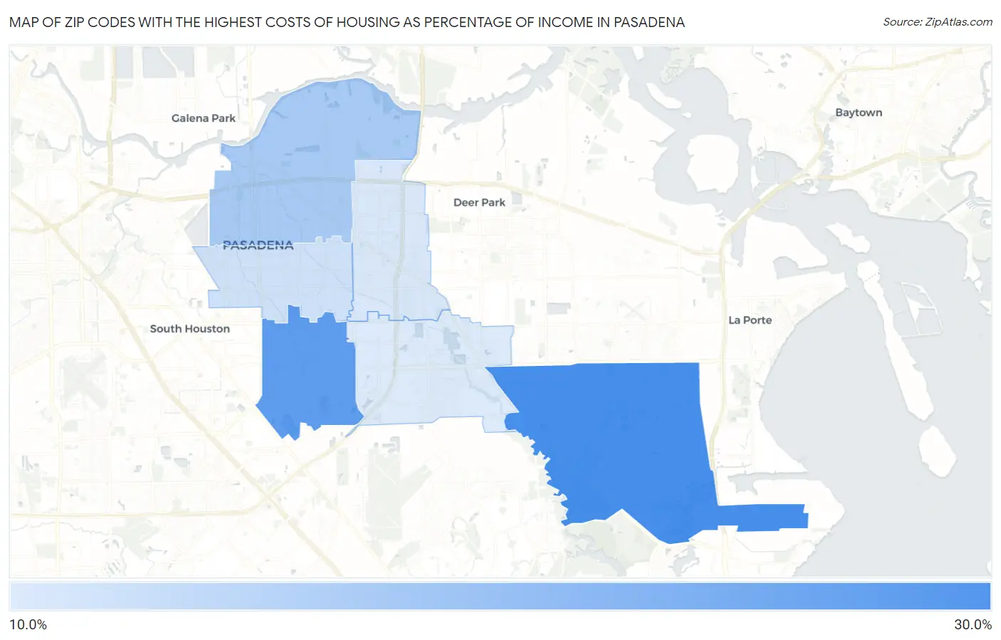 Zip Codes with the Highest Costs of Housing as Percentage of Income in Pasadena Map