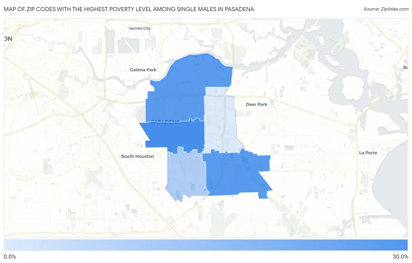 Zip Codes with the Highest Poverty Level Among Single Males in Pasadena Map