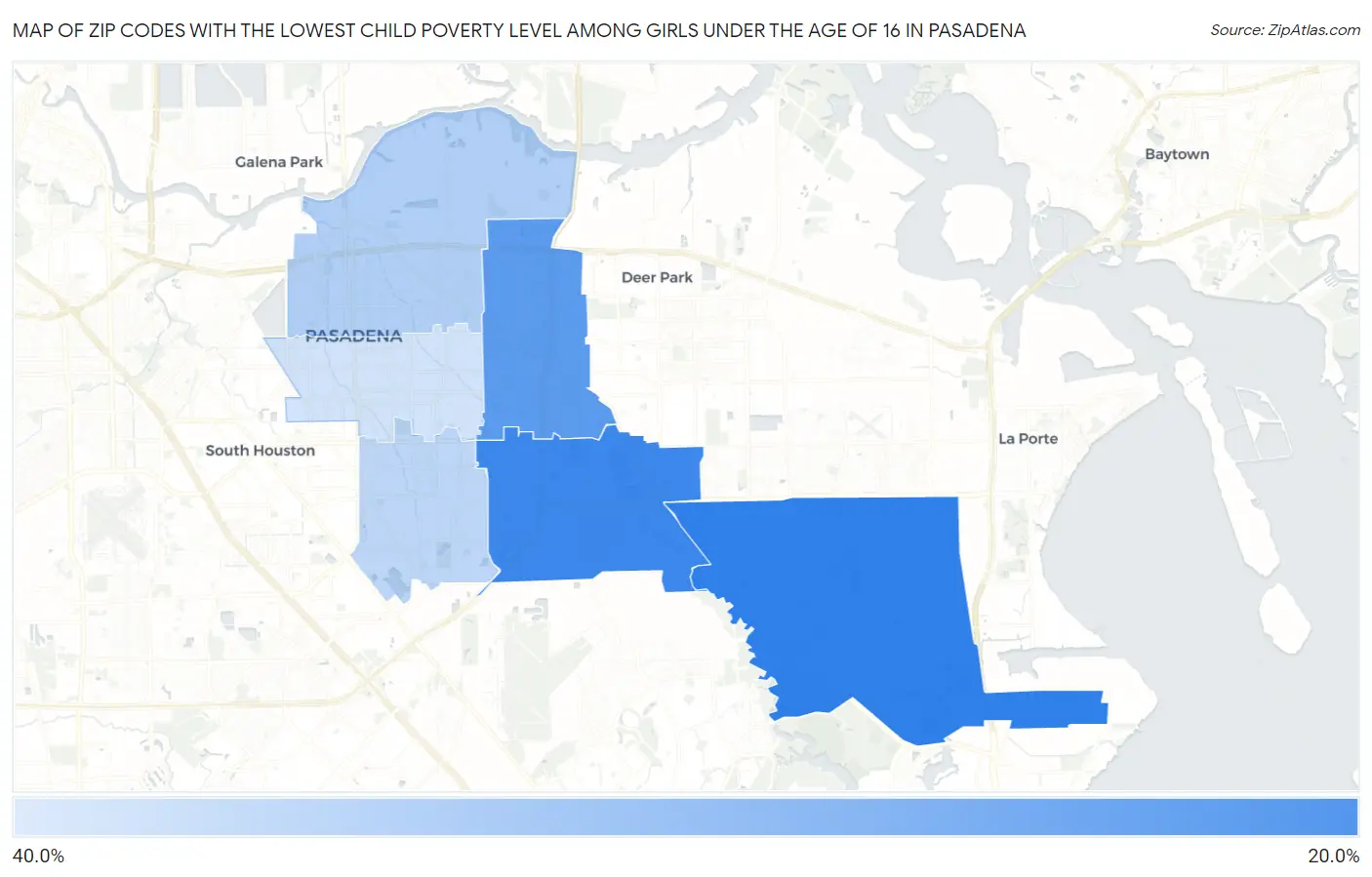 Zip Codes with the Lowest Child Poverty Level Among Girls Under the Age of 16 in Pasadena Map