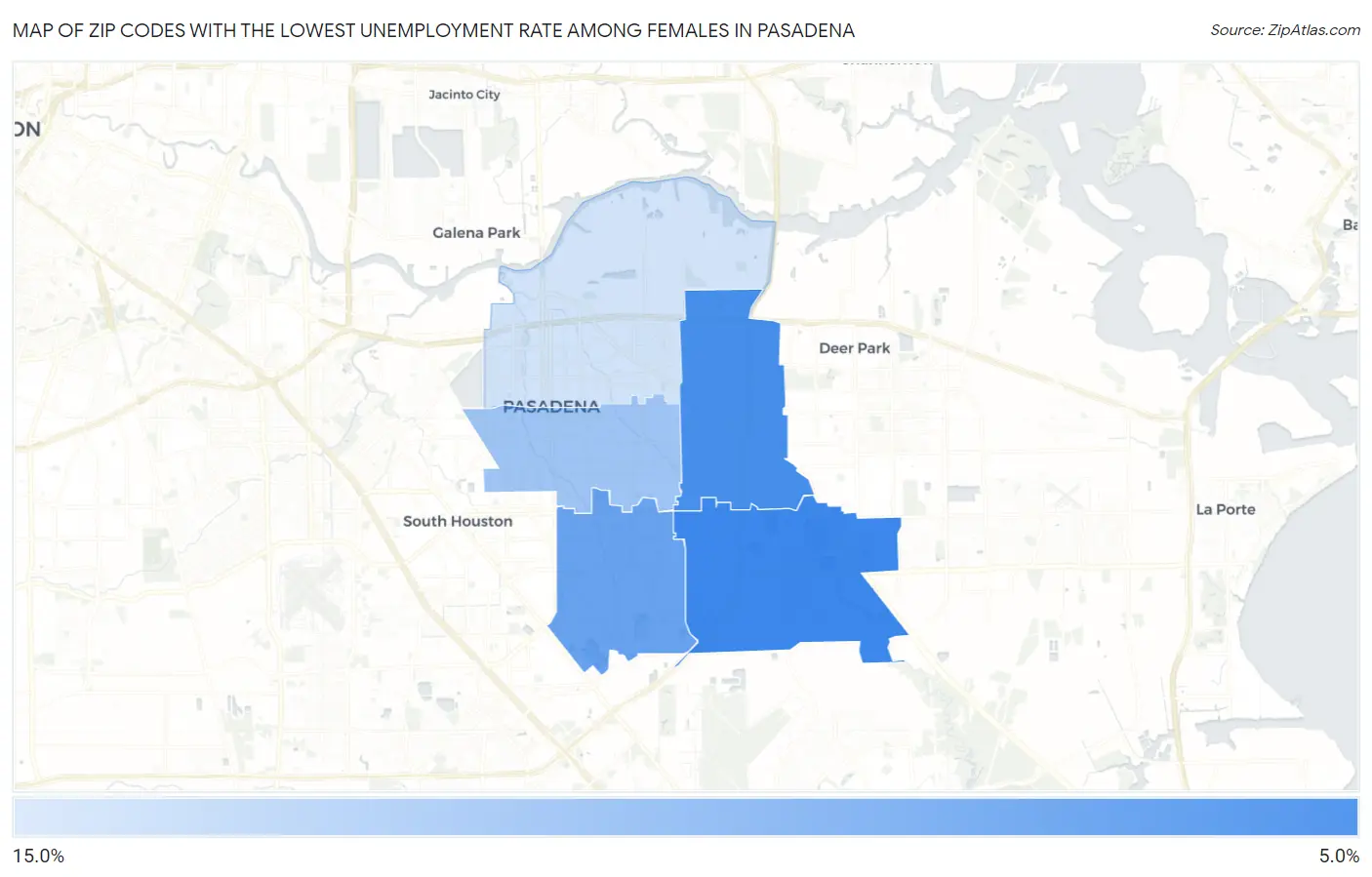 Zip Codes with the Lowest Unemployment Rate Among Females in Pasadena Map