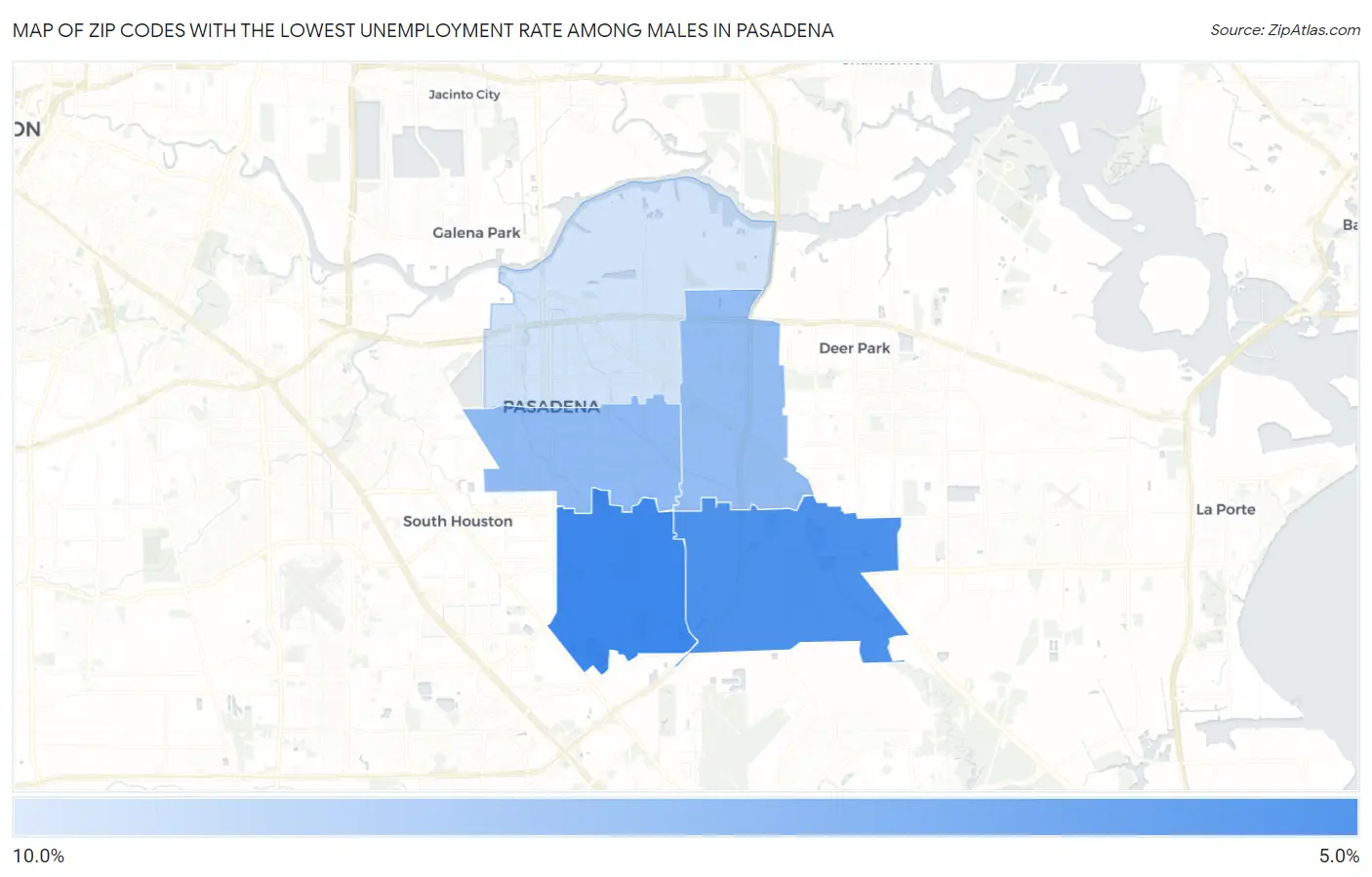 Zip Codes with the Lowest Unemployment Rate Among Males in Pasadena Map