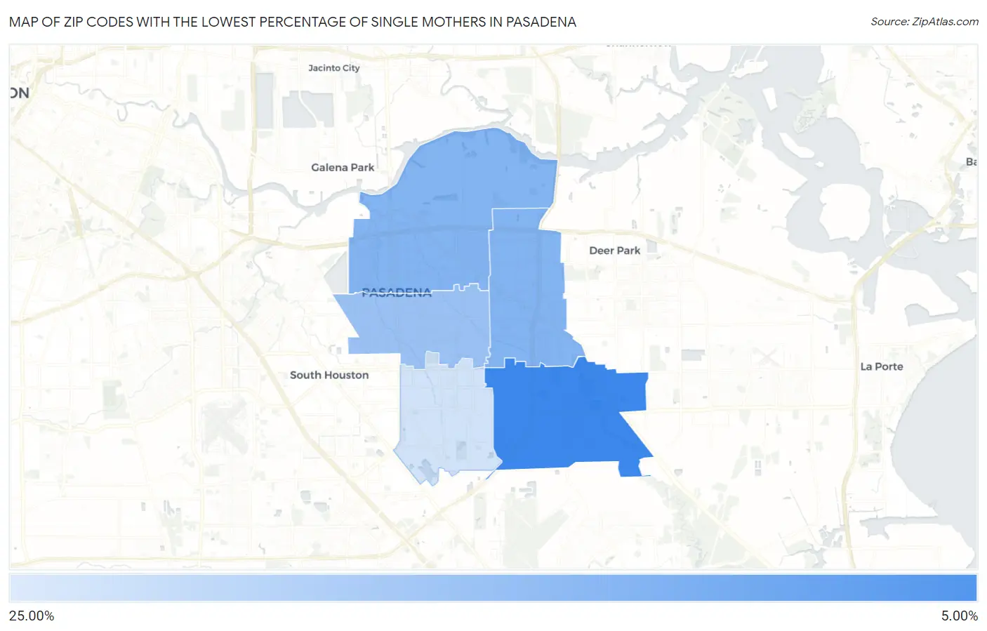 Zip Codes with the Lowest Percentage of Single Mothers in Pasadena Map