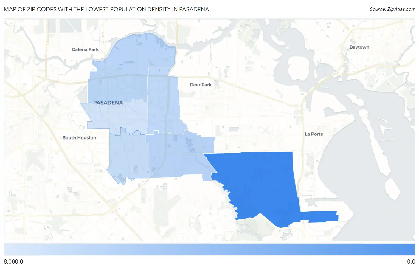 Zip Codes with the Lowest Population Density in Pasadena Map