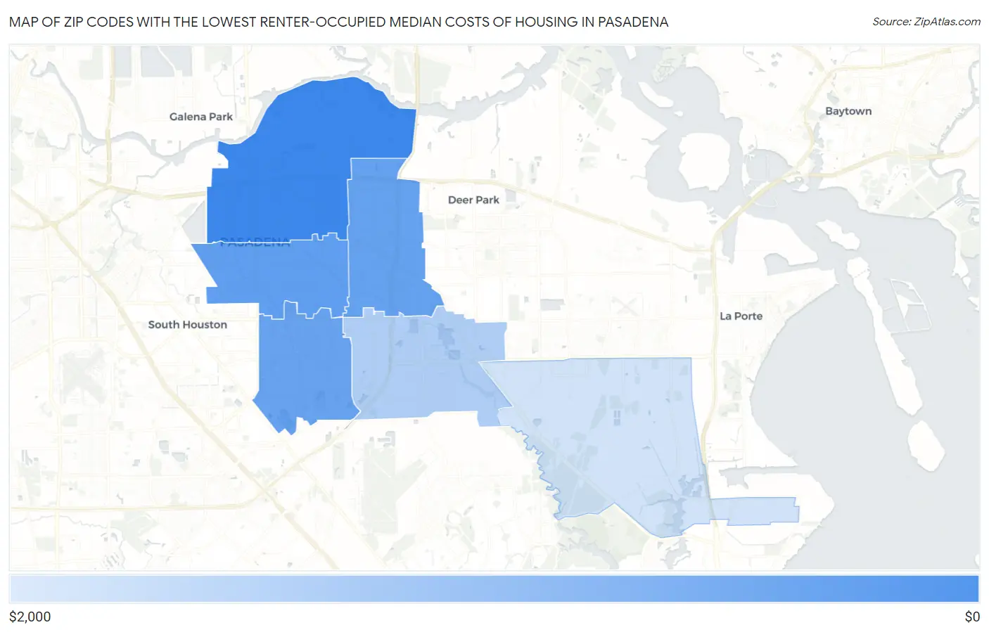 Zip Codes with the Lowest Renter-Occupied Median Costs of Housing in Pasadena Map