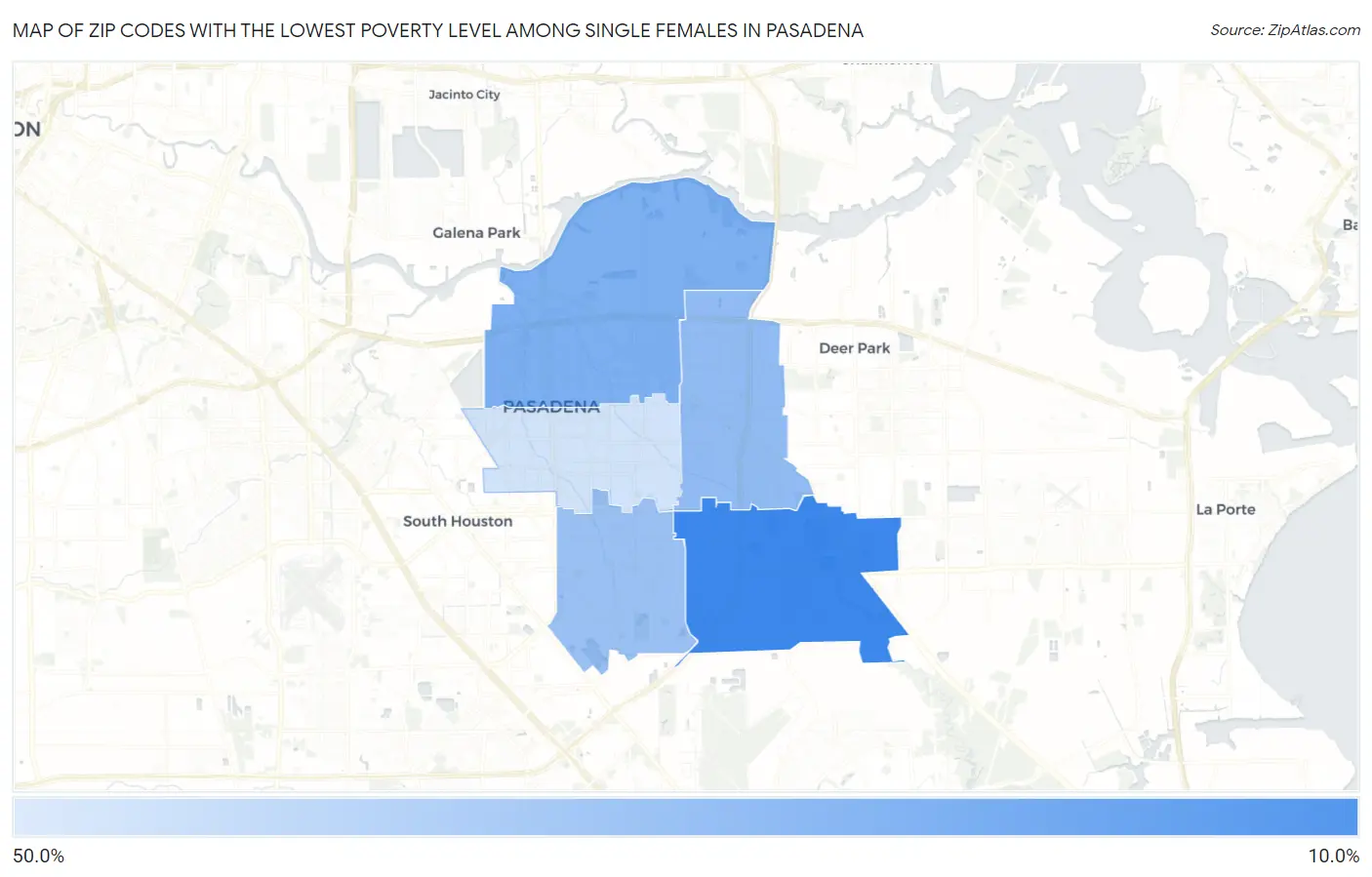 Zip Codes with the Lowest Poverty Level Among Single Females in Pasadena Map