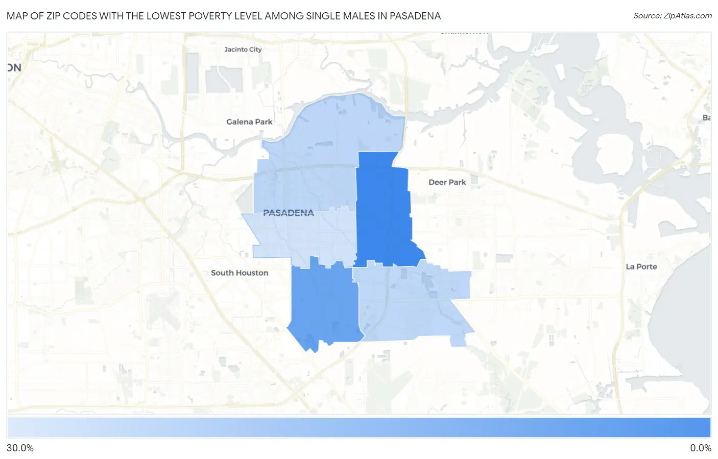 Zip Codes with the Lowest Poverty Level Among Single Males in Pasadena Map