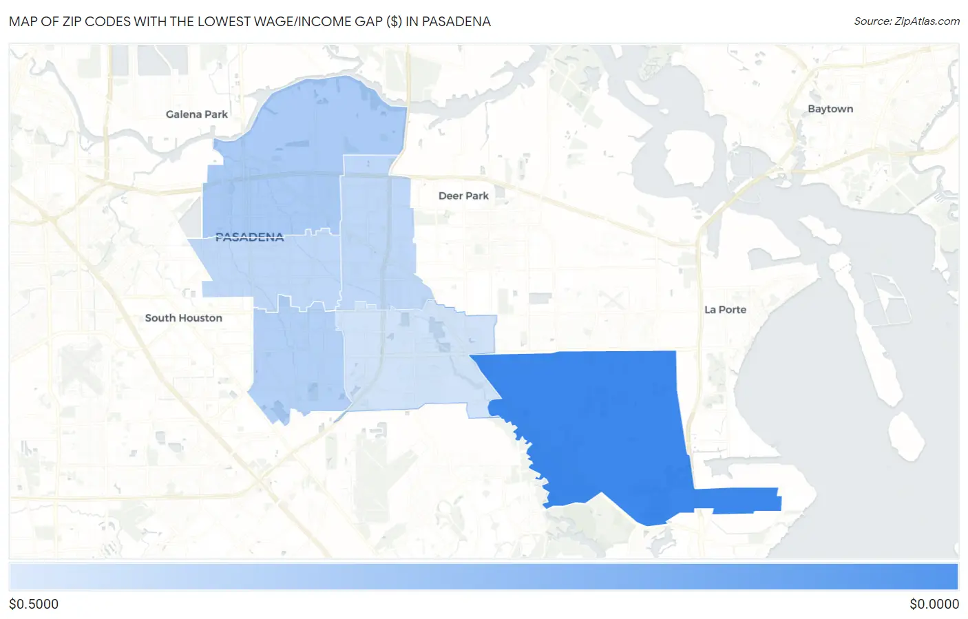 Zip Codes with the Lowest Wage/Income Gap ($) in Pasadena Map