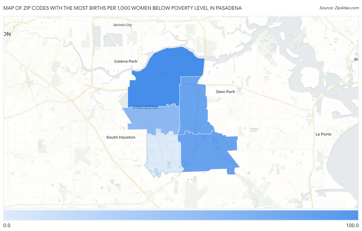 Zip Codes with the Most Births per 1,000 Women Below Poverty Level in Pasadena Map