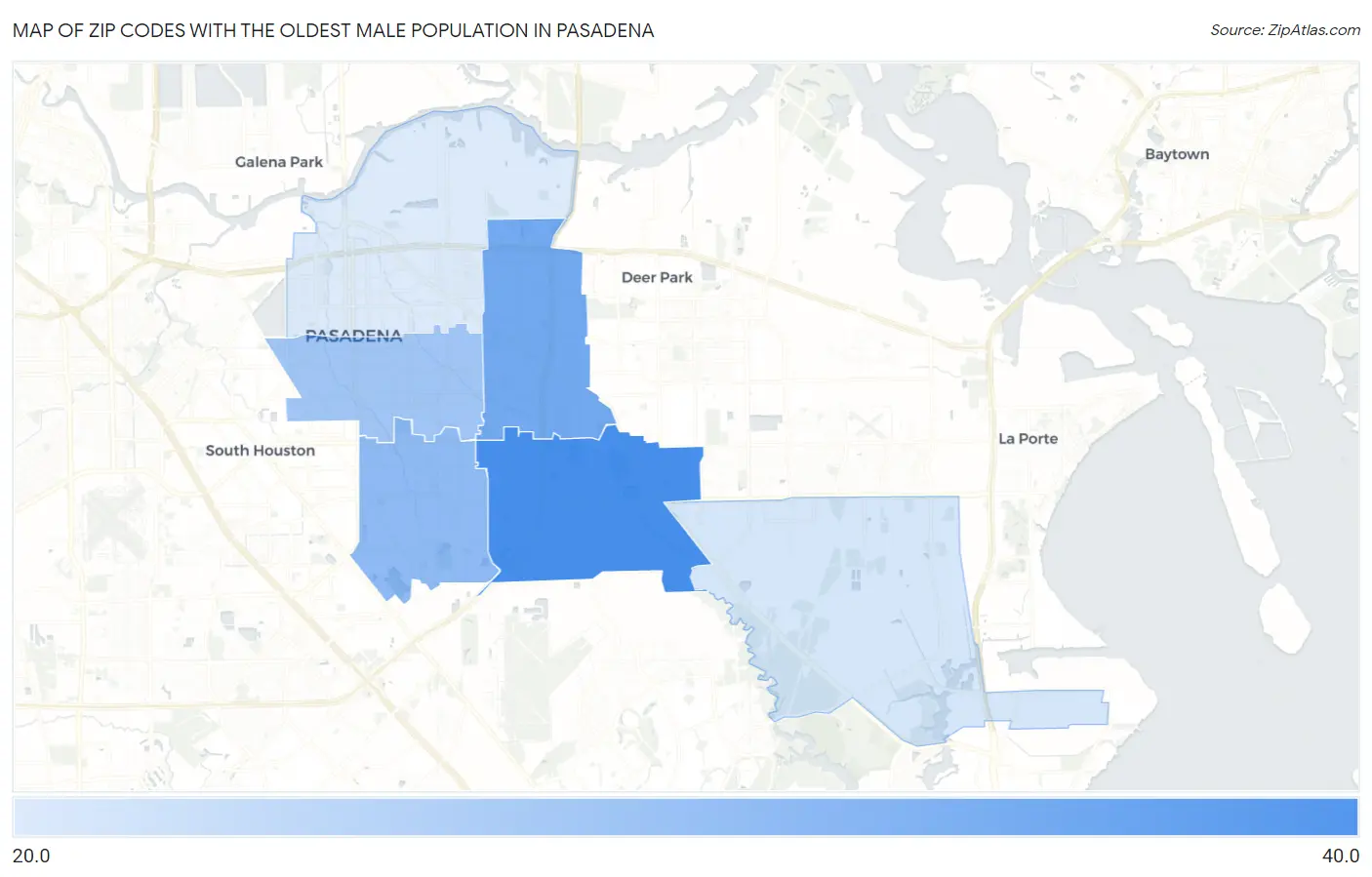 Zip Codes with the Oldest Male Population in Pasadena Map