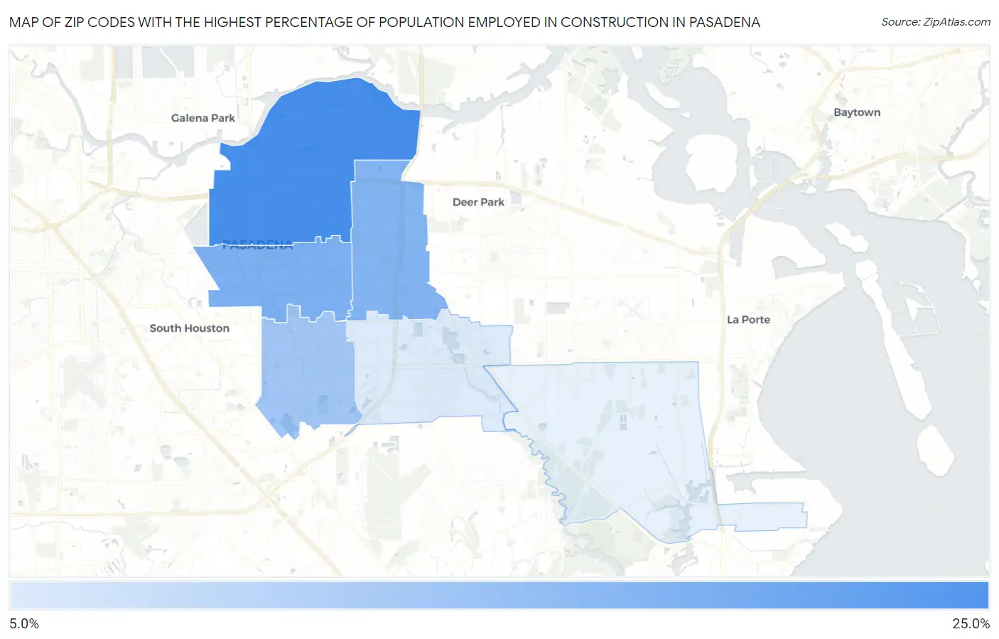 Zip Codes with the Highest Percentage of Population Employed in Construction in Pasadena Map