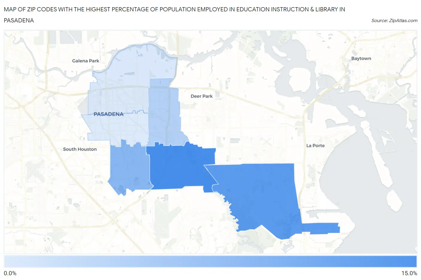 Zip Codes with the Highest Percentage of Population Employed in Education Instruction & Library in Pasadena Map