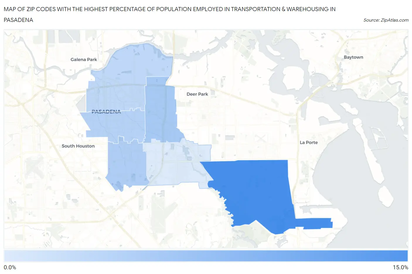 Zip Codes with the Highest Percentage of Population Employed in Transportation & Warehousing in Pasadena Map