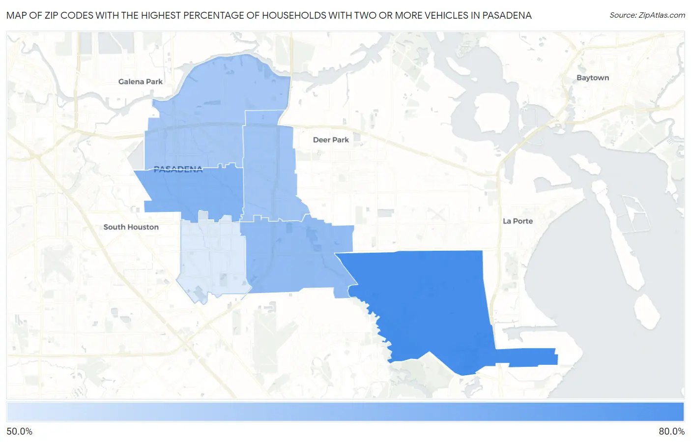 Zip Codes with the Highest Percentage of Households With Two or more Vehicles in Pasadena Map