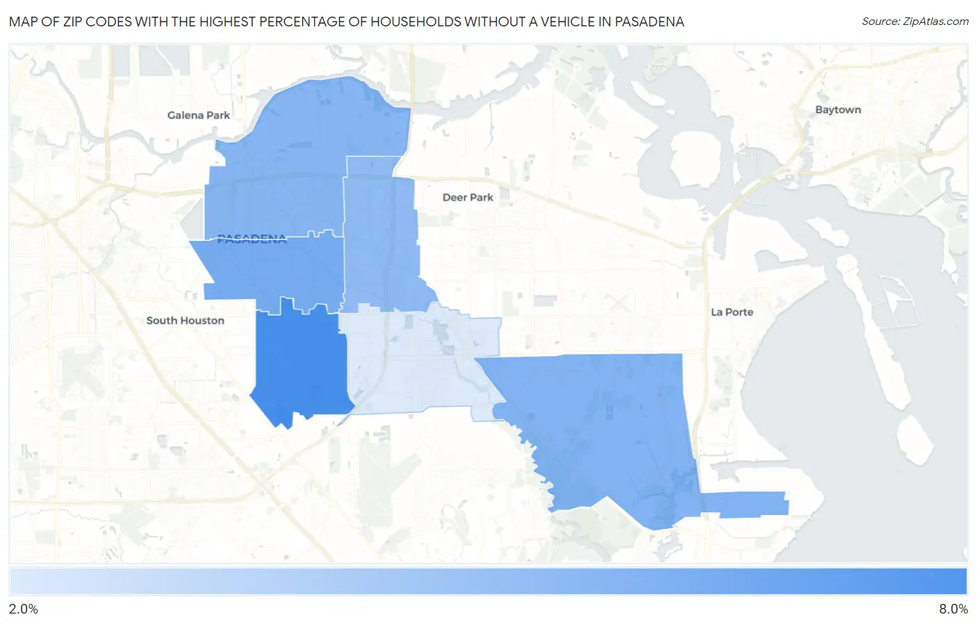 Zip Codes with the Highest Percentage of Households Without a Vehicle in Pasadena Map