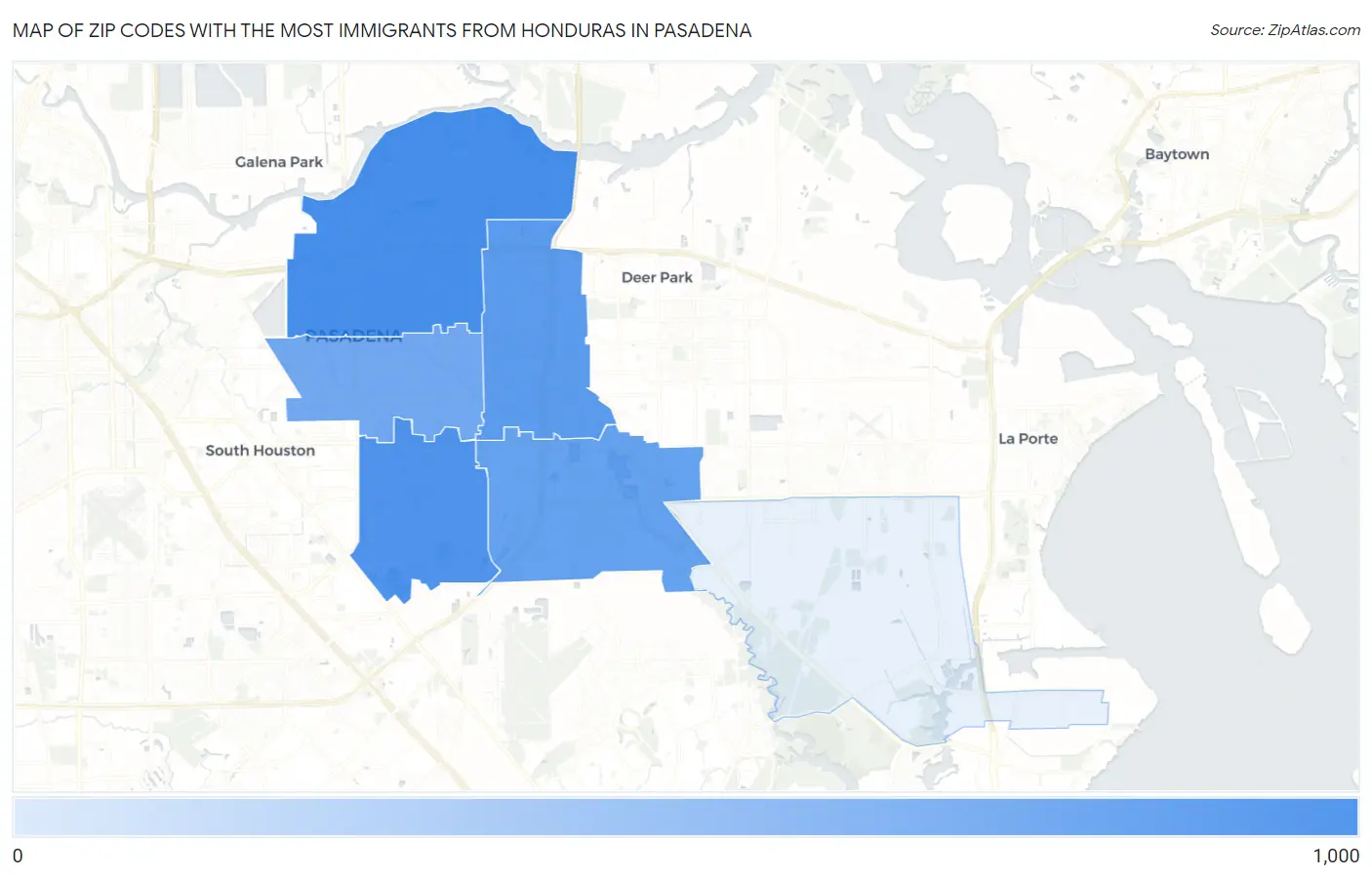 Zip Codes with the Most Immigrants from Honduras in Pasadena Map