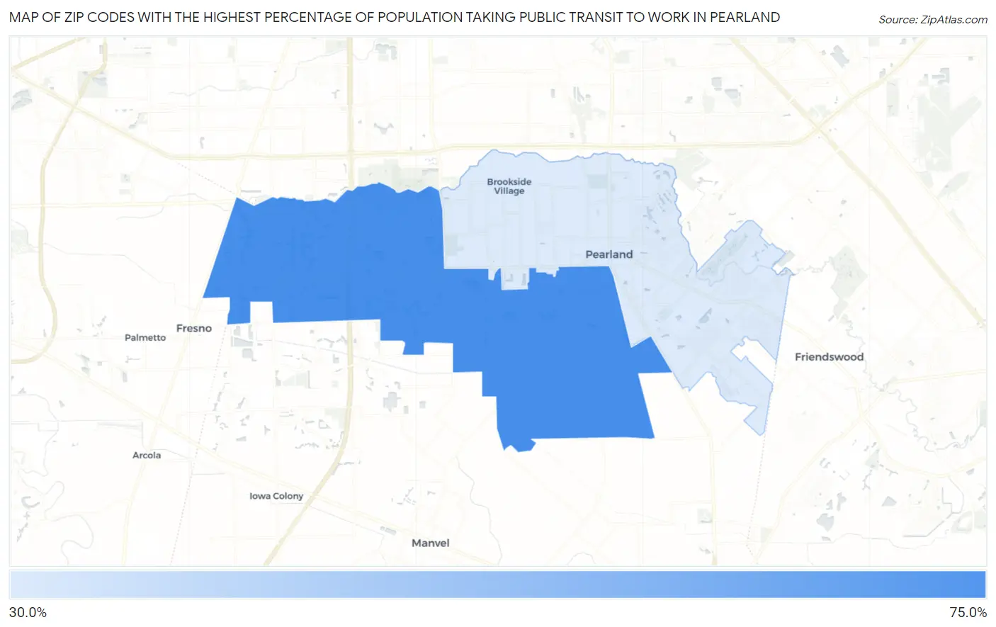 Zip Codes with the Highest Percentage of Population Taking Public Transit to Work in Pearland Map