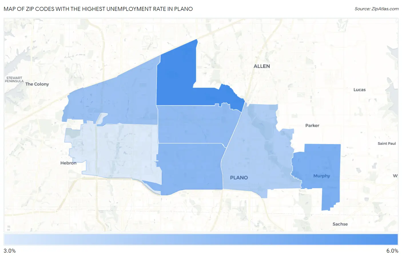 Zip Codes with the Highest Unemployment Rate in Plano Map