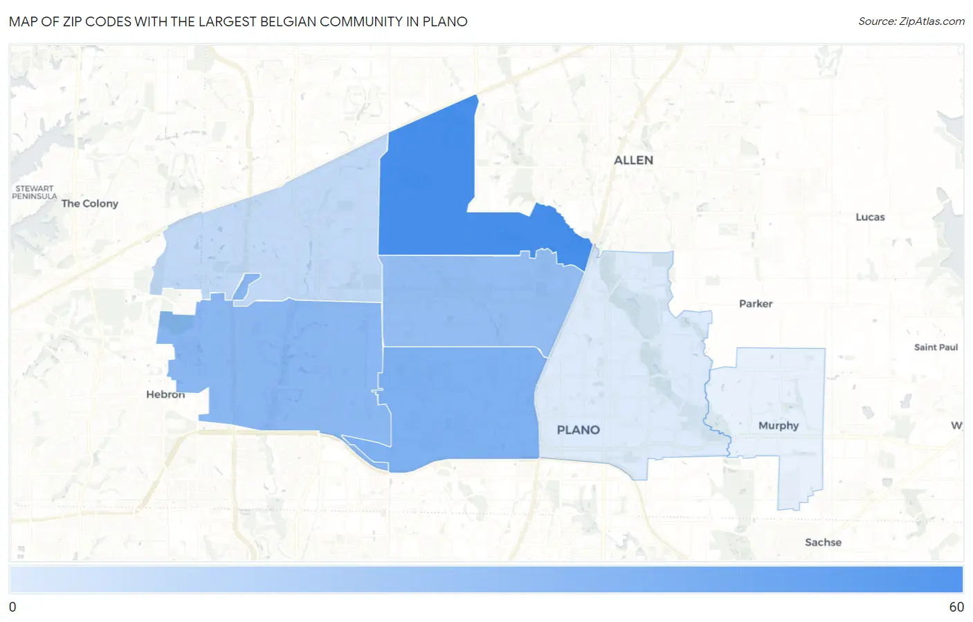 Zip Codes with the Largest Belgian Community in Plano Map