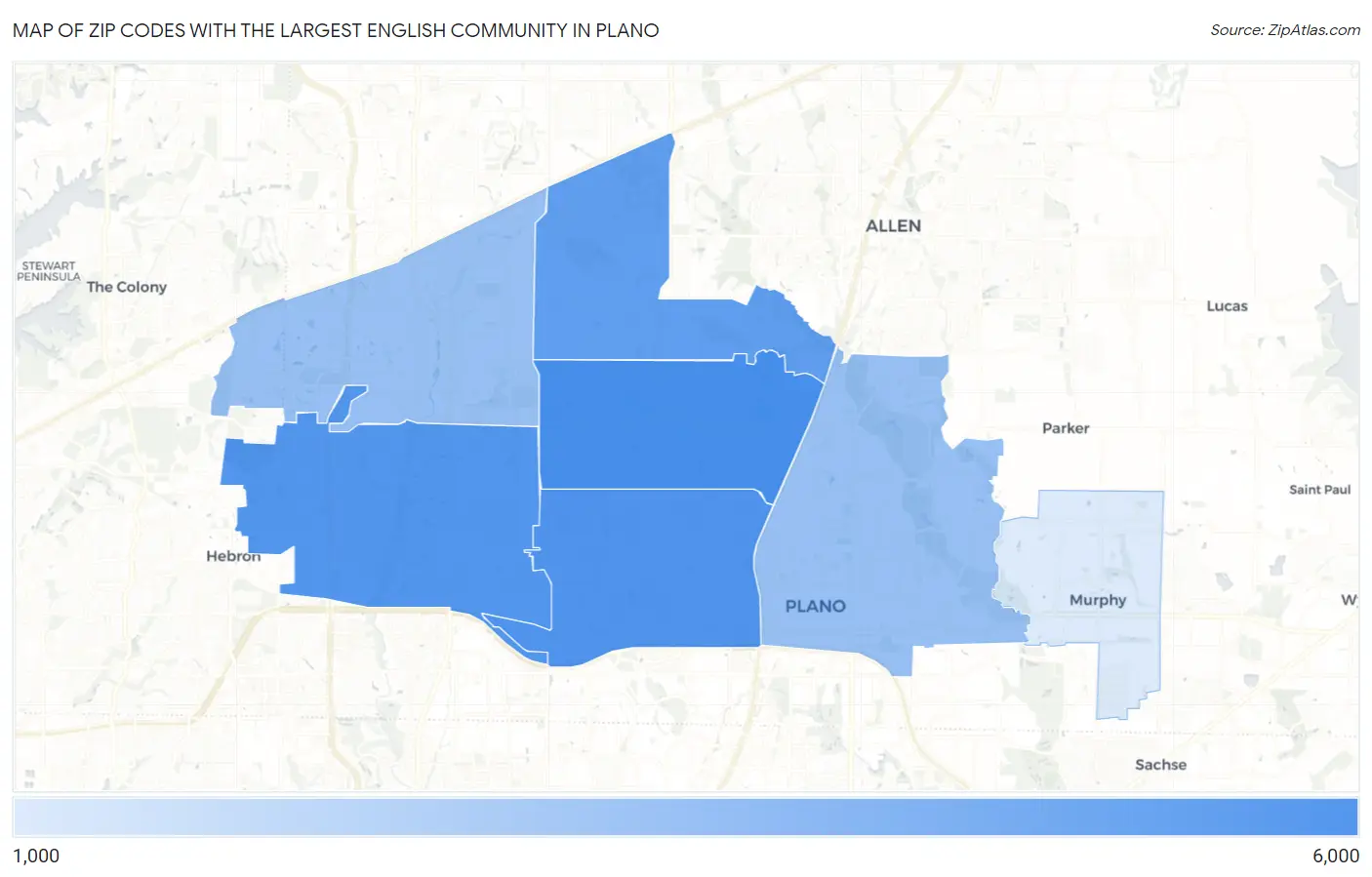 Zip Codes with the Largest English Community in Plano Map