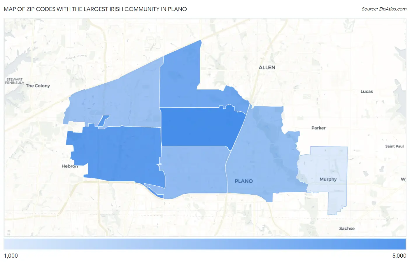 Zip Codes with the Largest Irish Community in Plano Map