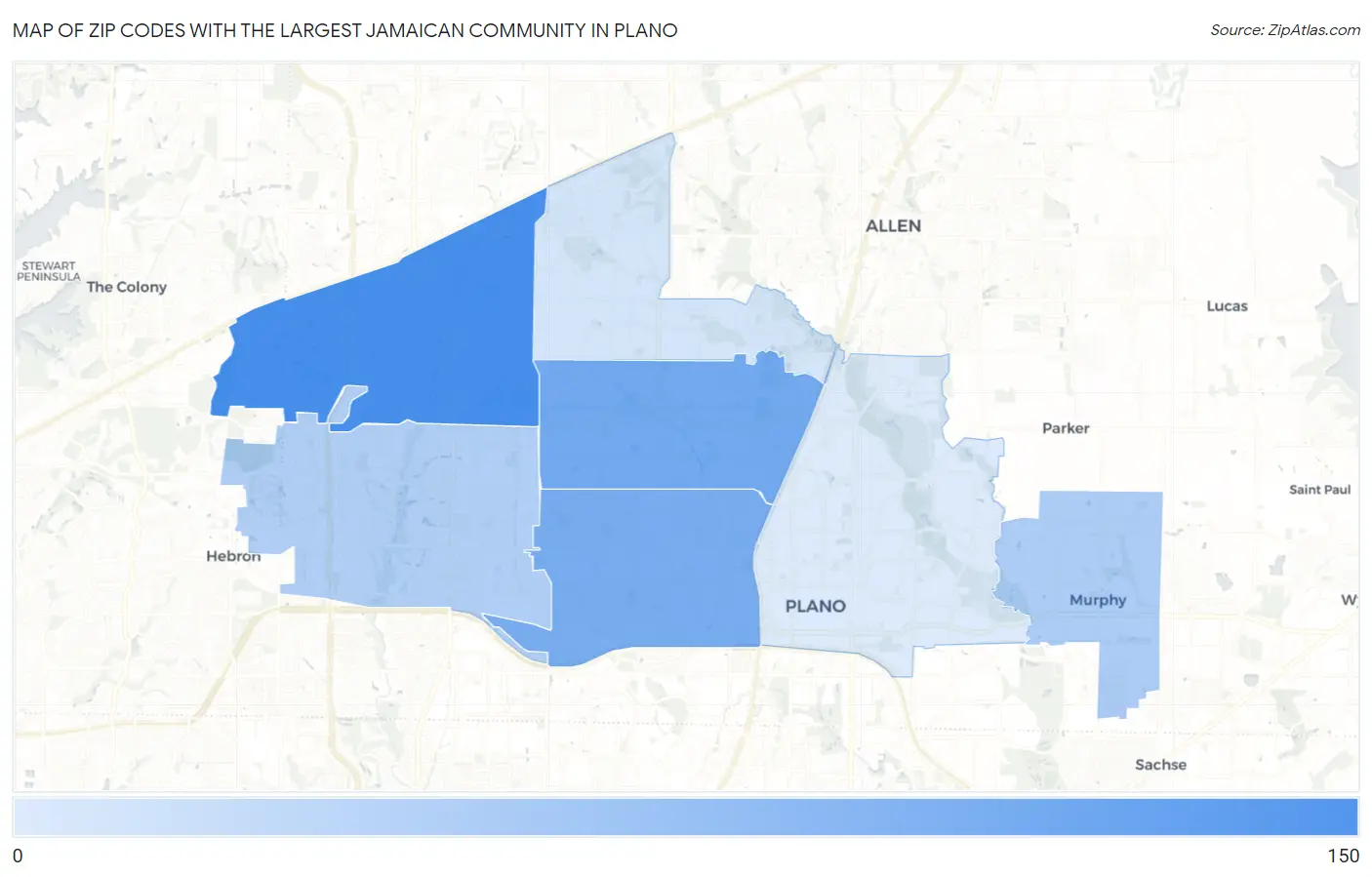 Zip Codes with the Largest Jamaican Community in Plano Map
