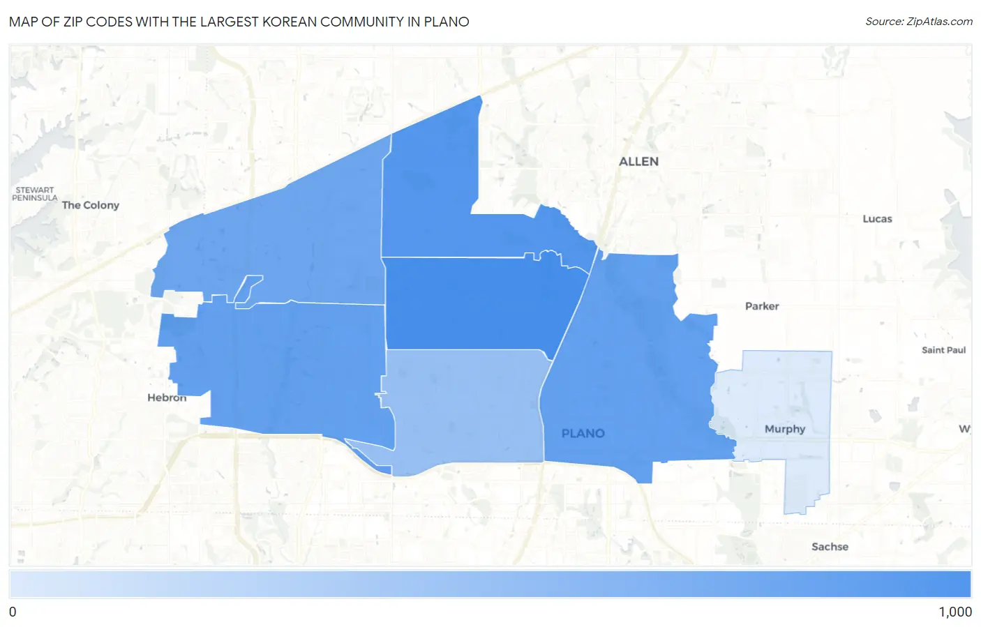 Zip Codes with the Largest Korean Community in Plano Map