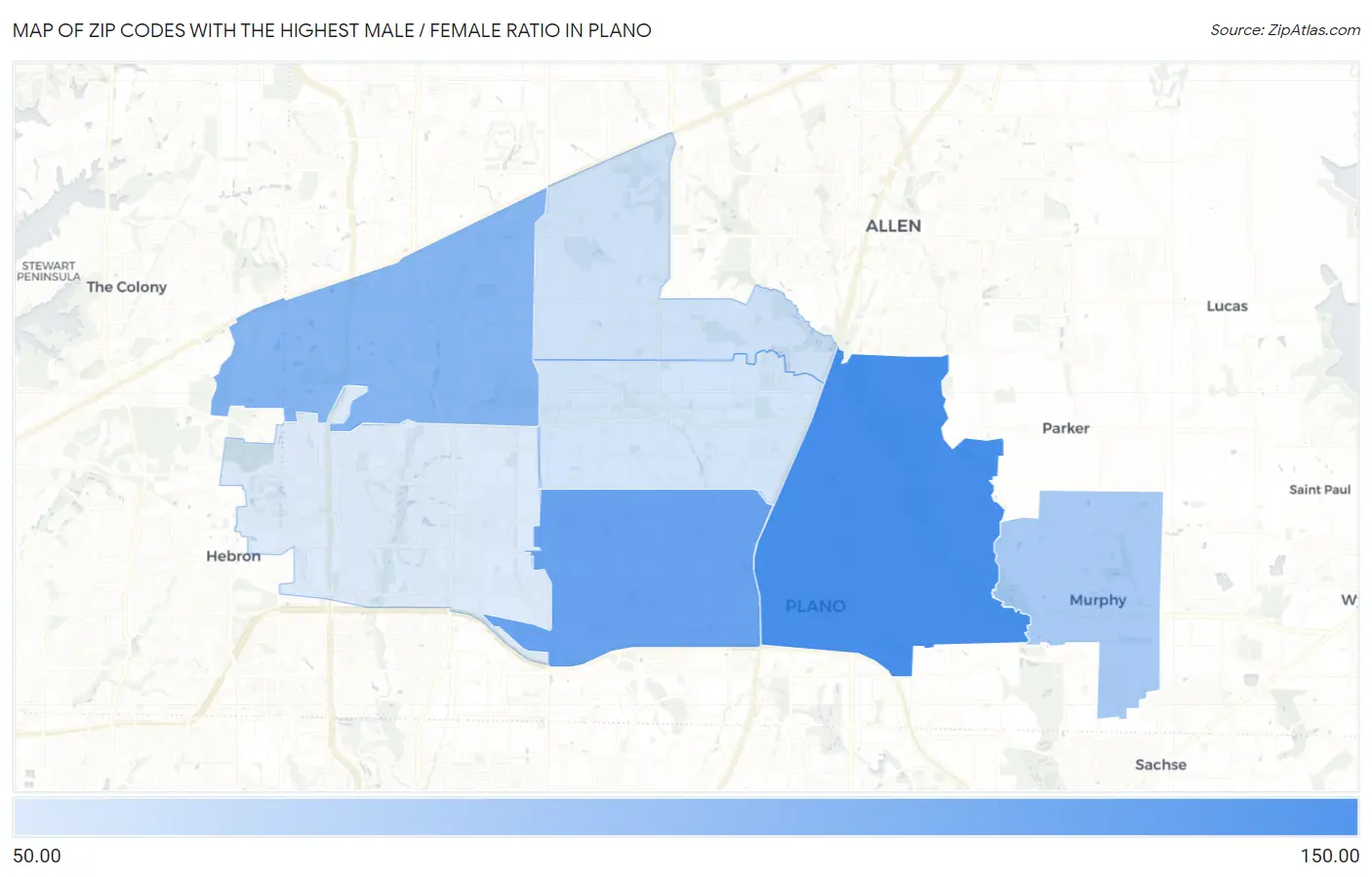 Zip Codes with the Highest Male / Female Ratio in Plano Map