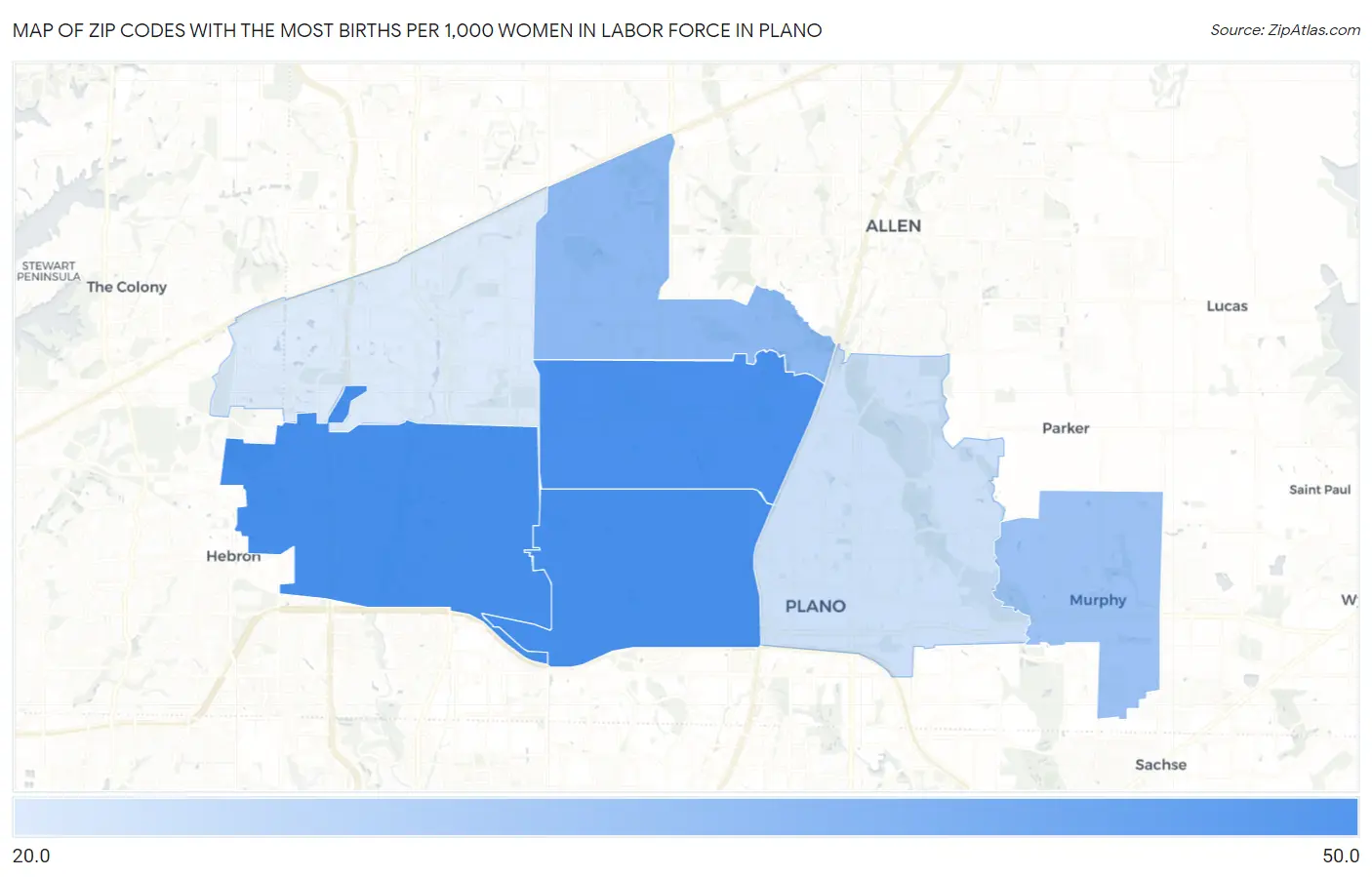 Zip Codes with the Most Births per 1,000 Women in Labor Force in Plano Map
