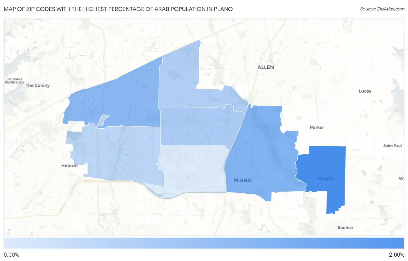 Zip Codes with the Highest Percentage of Arab Population in Plano Map