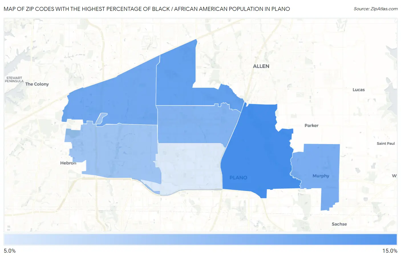Zip Codes with the Highest Percentage of Black / African American Population in Plano Map
