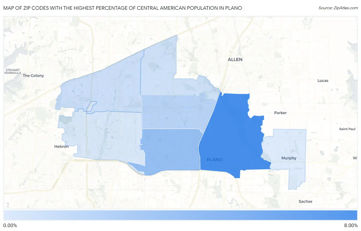 Zip Codes with the Highest Percentage of Central American Population in Plano Map