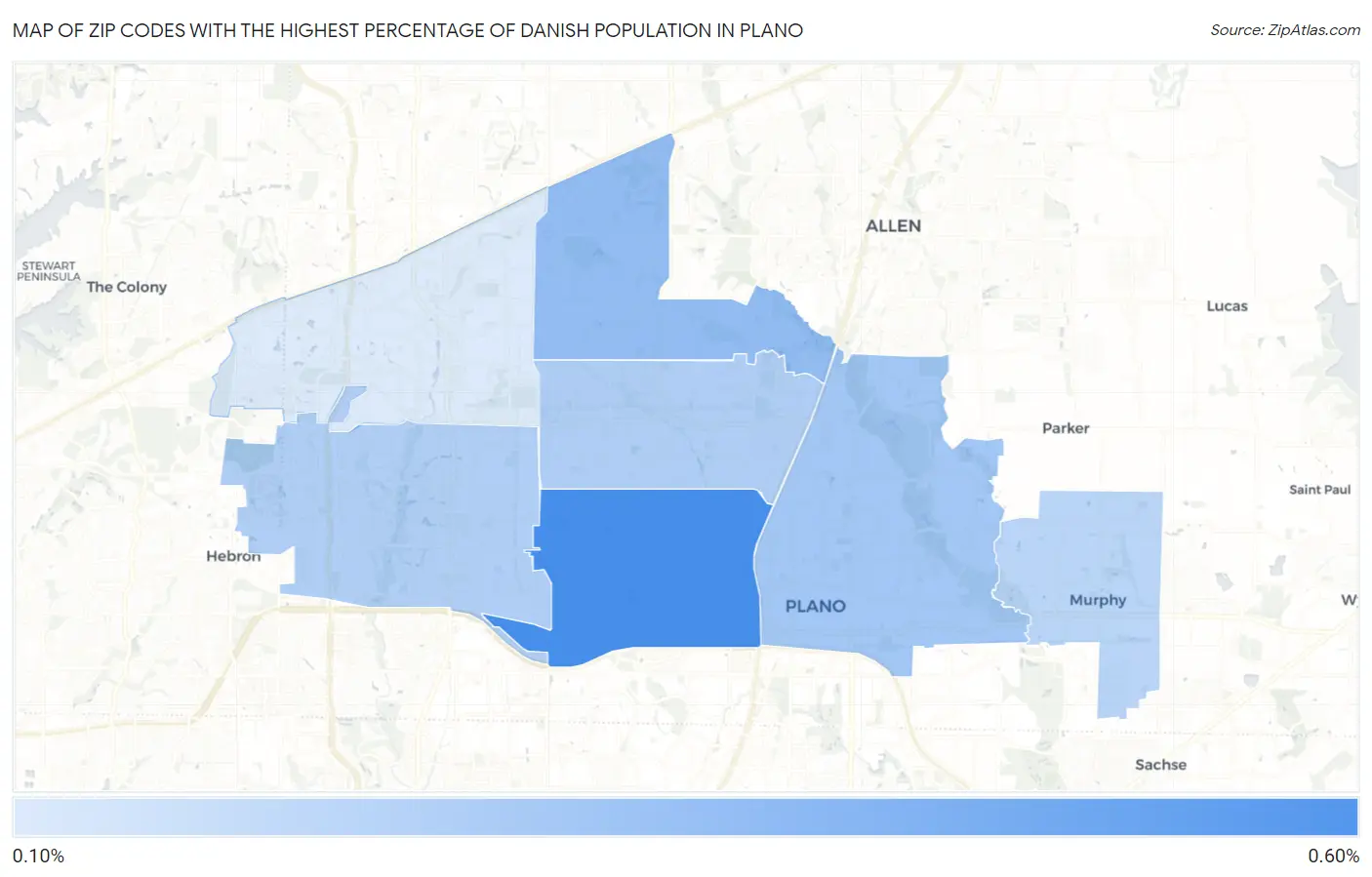 Zip Codes with the Highest Percentage of Danish Population in Plano Map
