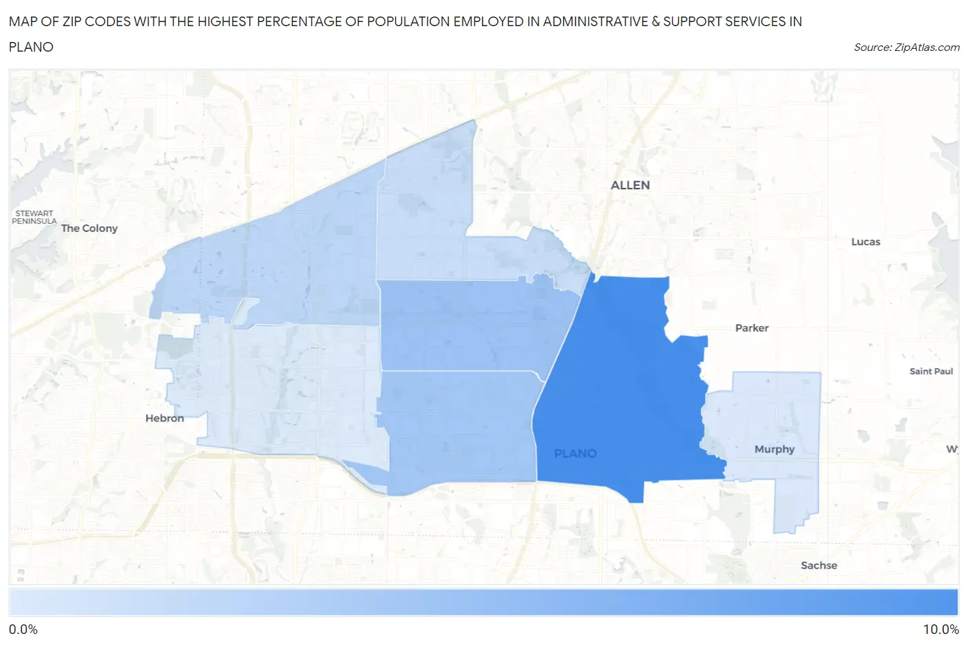 Zip Codes with the Highest Percentage of Population Employed in Administrative & Support Services in Plano Map