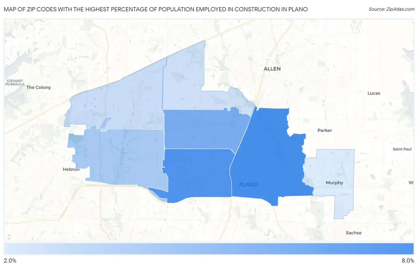 Zip Codes with the Highest Percentage of Population Employed in Construction in Plano Map