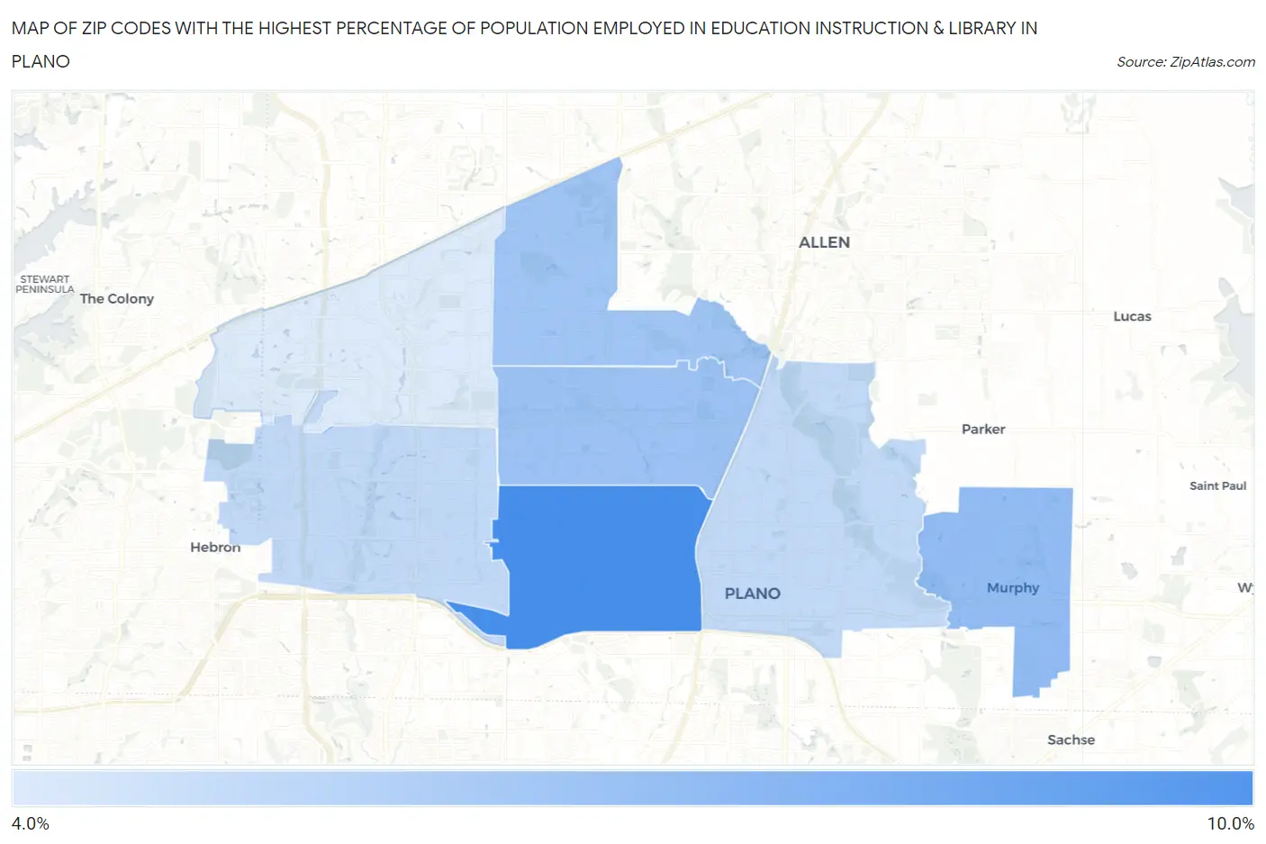 Zip Codes with the Highest Percentage of Population Employed in Education Instruction & Library in Plano Map