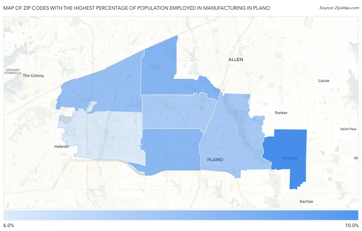 Zip Codes with the Highest Percentage of Population Employed in Manufacturing in Plano Map