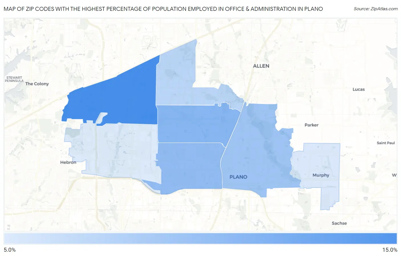 Zip Codes with the Highest Percentage of Population Employed in Office & Administration in Plano Map