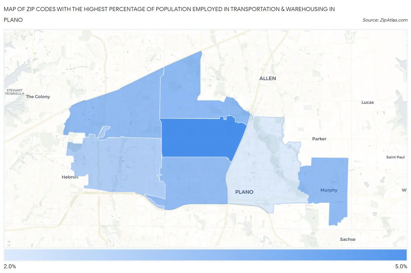 Zip Codes with the Highest Percentage of Population Employed in Transportation & Warehousing in Plano Map