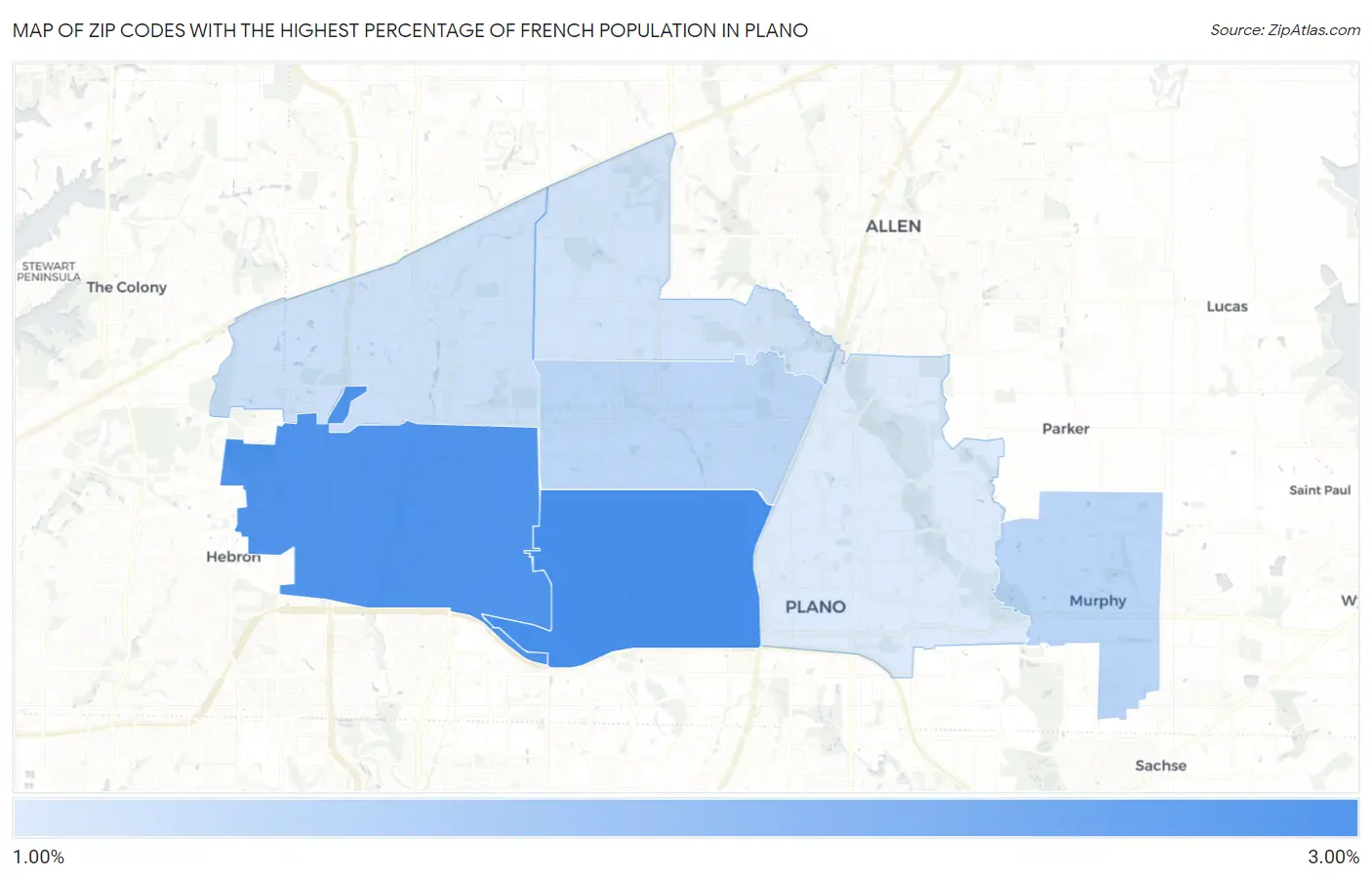 Zip Codes with the Highest Percentage of French Population in Plano Map