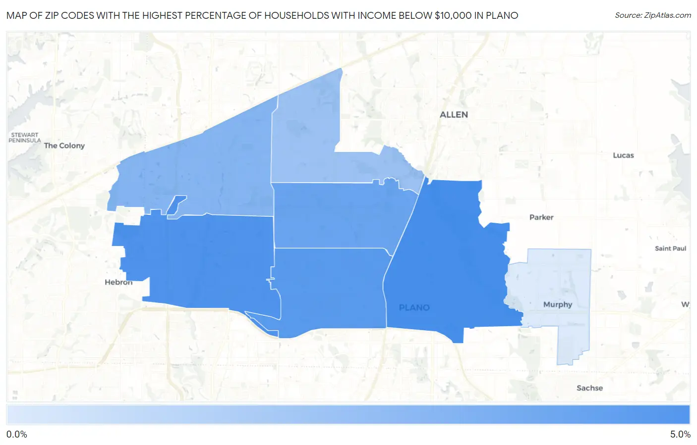 Zip Codes with the Highest Percentage of Households with Income Below $10,000 in Plano Map