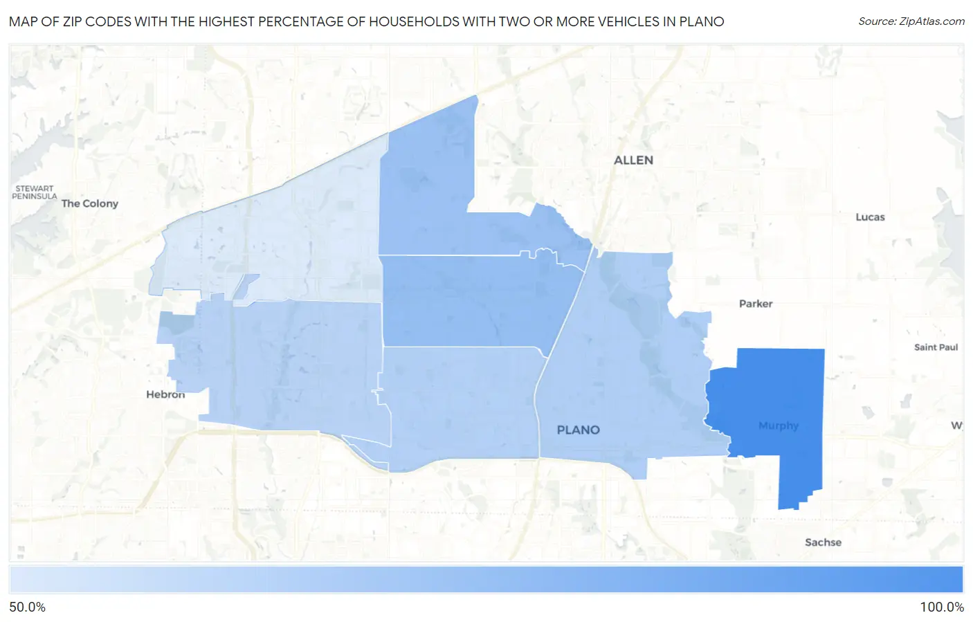 Zip Codes with the Highest Percentage of Households With Two or more Vehicles in Plano Map