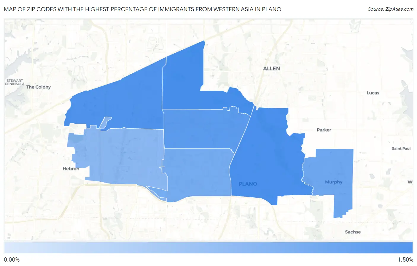 Zip Codes with the Highest Percentage of Immigrants from Western Asia in Plano Map