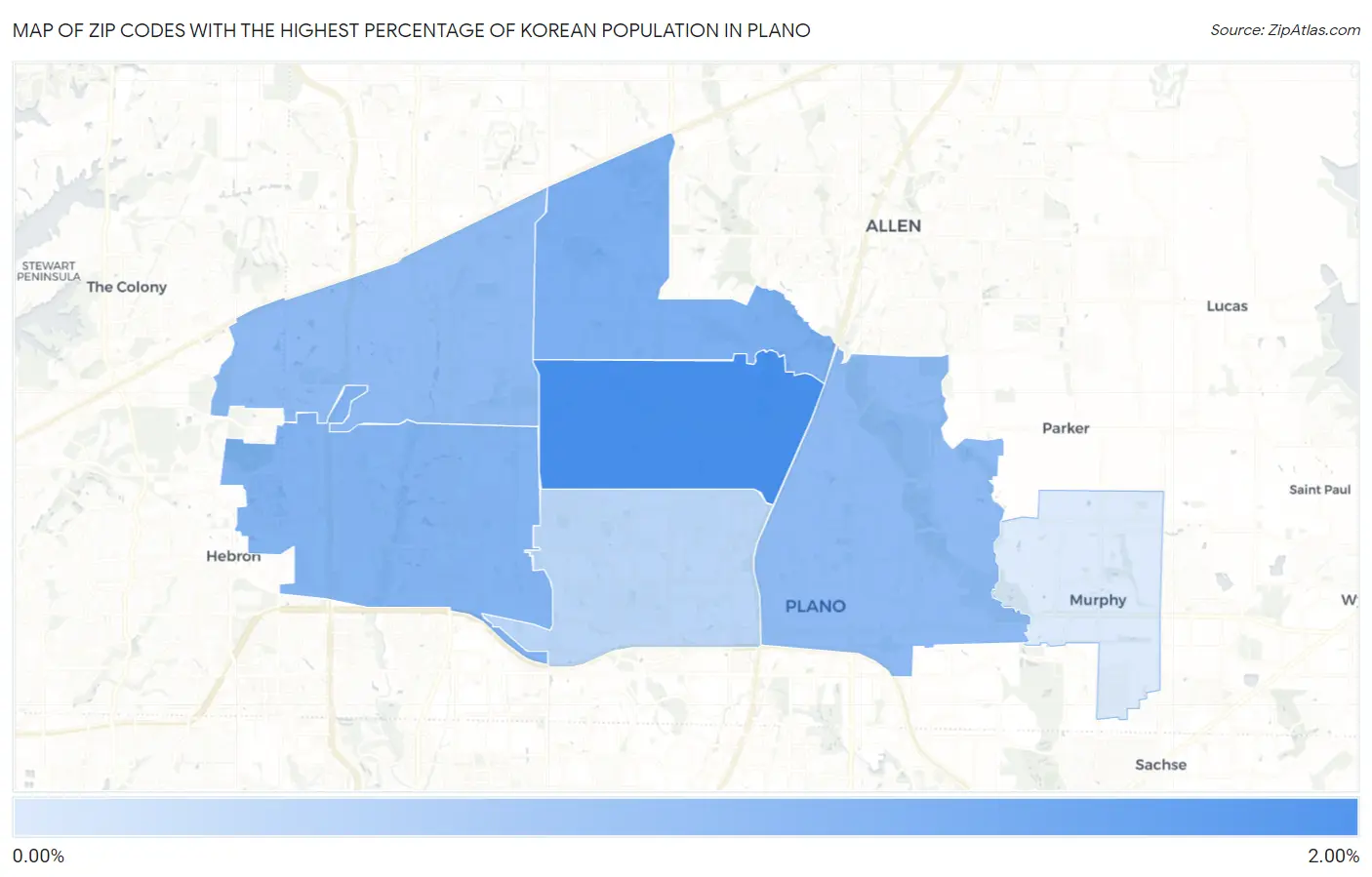 Zip Codes with the Highest Percentage of Korean Population in Plano Map