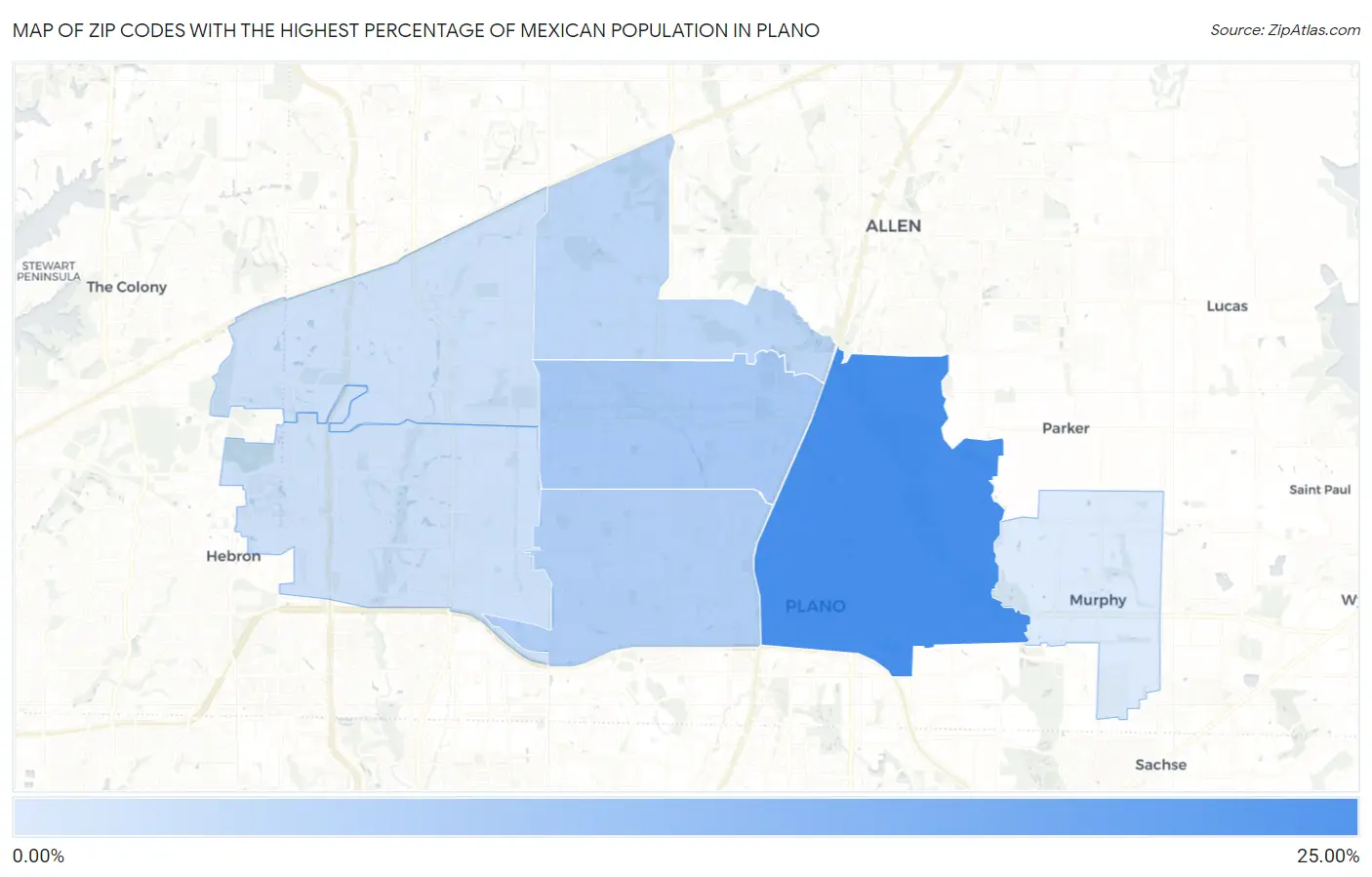 Zip Codes with the Highest Percentage of Mexican Population in Plano Map